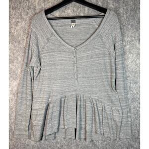 We The Free Womens V Neck Gray Thermal Waffle Knit Long Sleeve Top - Small
